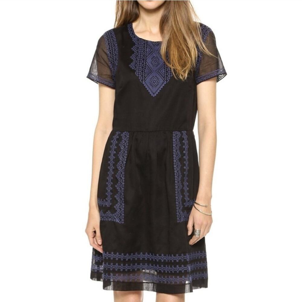Madewell Embroidered A Line Cotton Dress Black Blue Sheer Sleeve Scoop Neck 0
